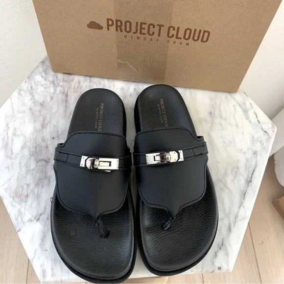 ☁️ PROJECT CLOUD Vita Genuine Leather Turn Lock Flat Sandals in Black - Picture 3 of 9